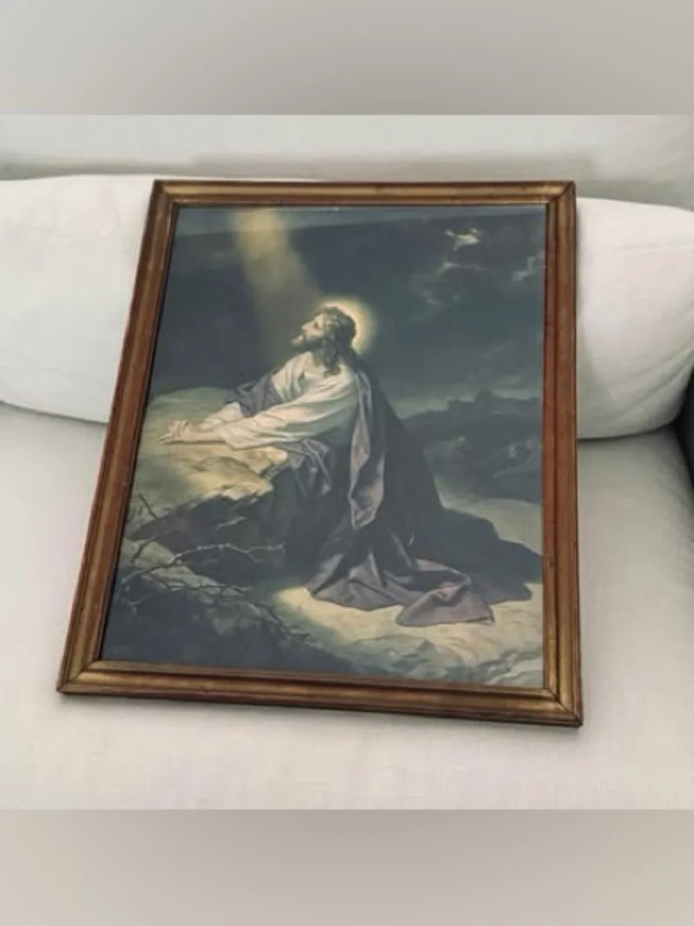 Vintage Jesus in the Garden of Gethsemane. beautiful frame and print. 1940's.